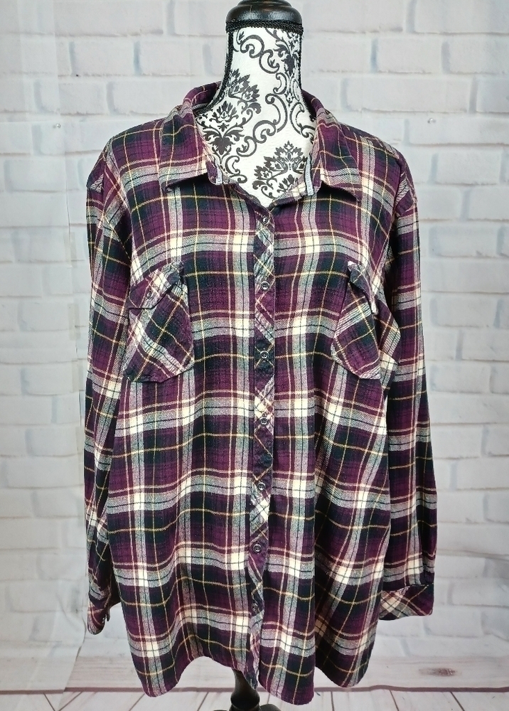 Natural women's long sleeve plaid print button front shirt size 3x pockets b15